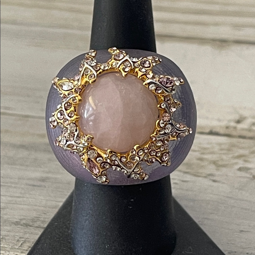 Alexis Bittar Rare Rose Quartz Lucite Crystal Halo Statement Ring